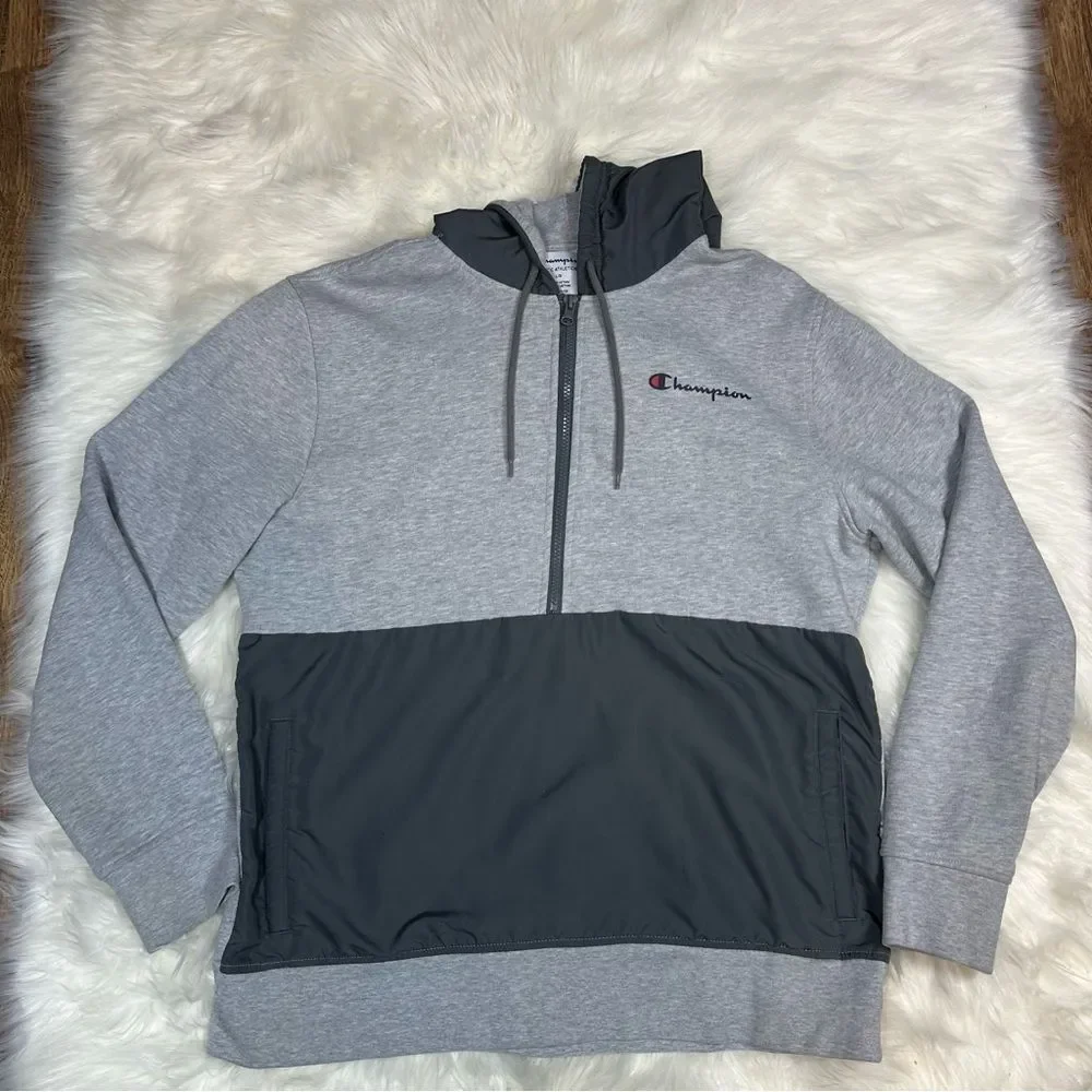 Champion~Men's~Fleece Woven-Mix Half Zip Two Tone Hoodie Heather Gray~Size Large